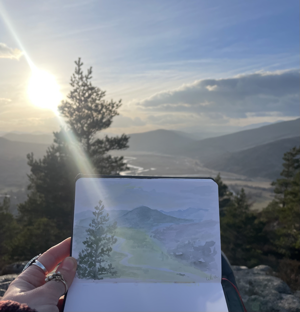 watercolour painting of the view from a hill overlooking Braemar